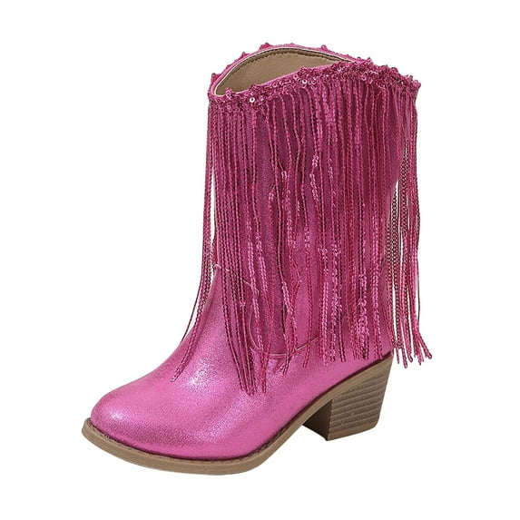 XIMIN Girls Low Heels Leather-Like Thick-Heeled Western Pointed Booties Princess Boots Tassel Sequin Mid Calf Riding Shoes Sequins Decorated Fashionable Boots (5-5.5 Years, Hot Pink)