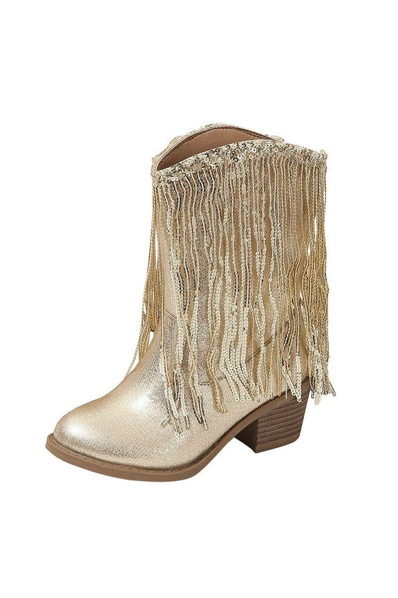 Girls Low Heels Leather-Like Thick-Heeled Western Pointed Booties Princess Boots Tassel Sequin Mid Calf Riding Shoes Sequins Decorated Fashionable Boots (5.5-6 Years, Gold)