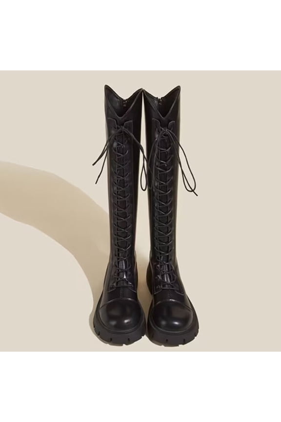 Girls Mid Calf Wedges Chunky High Heel Round-Toe Knee High Boots Kids Lace up Non Slip Thick Sole Height Increasing Riding Shoes Leather Side Zipper Boots