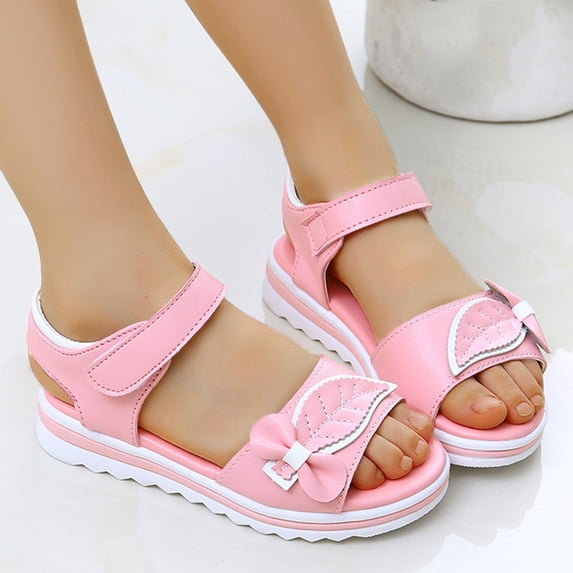 XIMIN Girls Open-Toe Sandals with Bow Leaf Accent Ankle Strap Thick Platform Sole Cute Princess Summer Outing Sandals for Beach Wear (Pink, 10-10.5 Years)