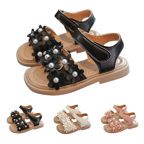 XIMIN Girls Open-Toe Sandals with Flower Pearl Applique Adjustable Ankle Strap Non-Slip Flat Sole Cute Casual Summer Beach Sandals (Black, 3-3.5 Years)