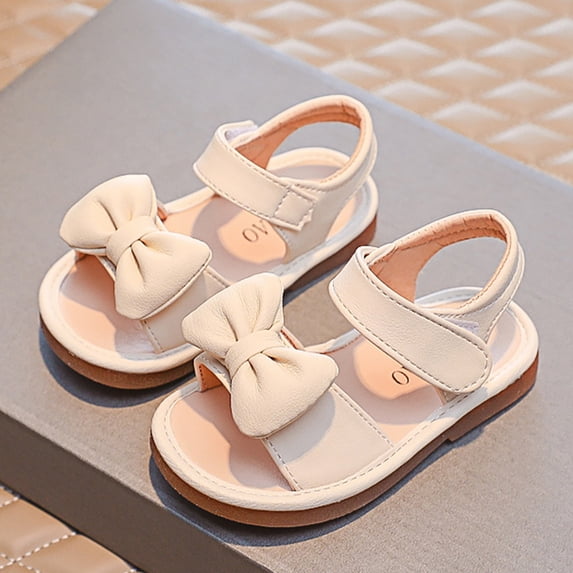 XIMIN Girls Open Toe Summer Sandals with Bow Cute Casual Non Slip Adjustable Ankle Strap Footwear for Beach Party Everyday Wear (Beige, 2-2.5Years)