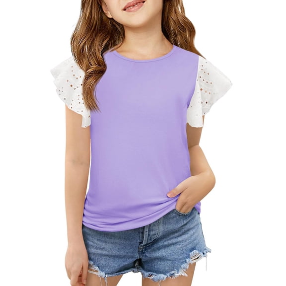 XIMIN Girls Ruffle Sleeve Round Neck Loose Blouse Shirts Kids Summer Crewneck Eyelet Tee Tops Toddlers Solid Color Casual Soft Light Short Sleeve Cute Blouse