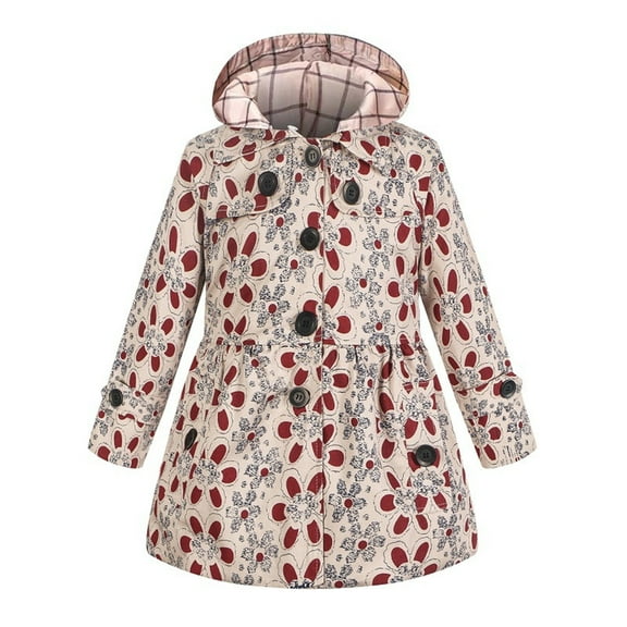 XIMIN Girls' Single Breasted Trench Dress Coat Long Winter Coat Kids Long Peacoat with Hood Floral Printed Girls Trench Coat Spring Fall Active Windbreaker Outerwear