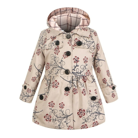 XIMIN Girls' Single Breasted Trench Dress Coat Long Winter Coat Kids Long Peacoat with Hood Floral Printed Girls Trench Coat Spring Fall Active Windbreaker Outerwear