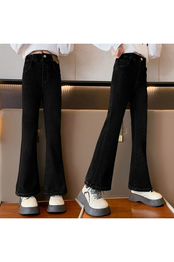 Girls Slim Boot-Cut Stretch Jeans Stretch A-Line Flare Leg Denim Pants with Pockets Casual Comfortable Spring and Summer for Kids (9-10 Years, Black)