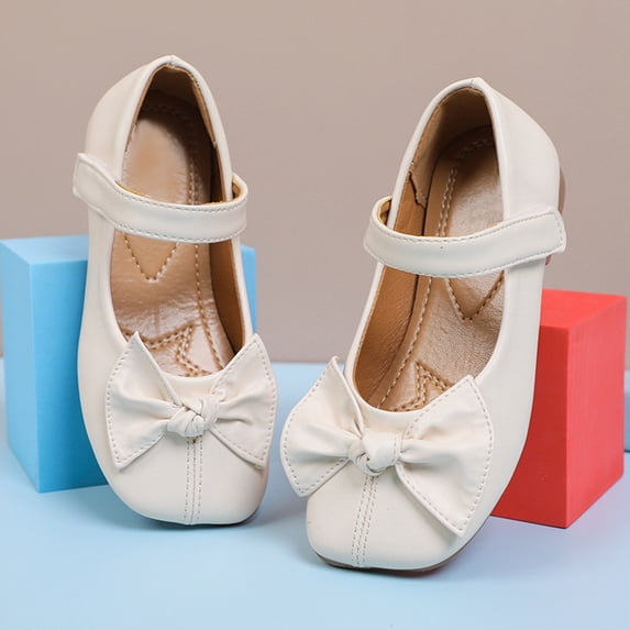 XIMIN Girls Square-Toe Mary Jane Flats with Bow Front Adjustable Strap Soft Non-Slip Sole Cute Comfortable Dressy Flats for Parties Weddings (Beige, 3-3.5 Years)