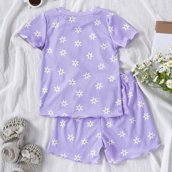 XIMIN Girls Summer Floral Fruit Print Round Neck Short Sleeve Shorts Set Young Girl Clothes Cute Sets Newborns Beach Outside (6-12 Months, Purple)