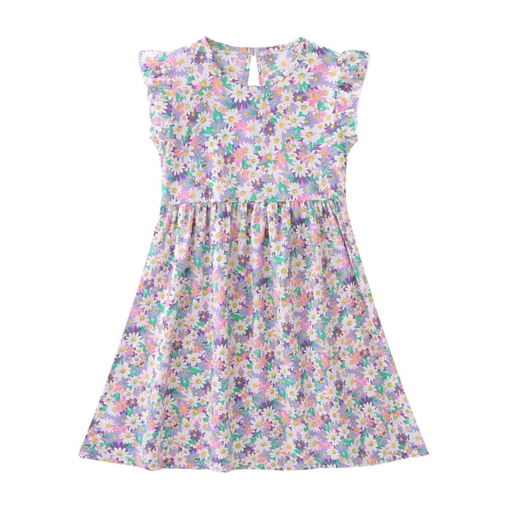 XIMIN Girls Summer Floral Print Dress Ruffle Sleeve A Line Midi Dress Sleeveless Flowy Sundress for Beach Vacation Daily Casual Wear (Light Violet, 9-10 Years)