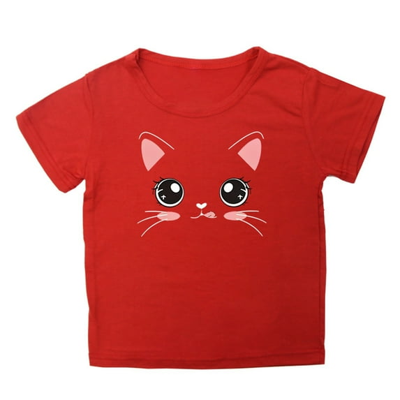 XIMIN Girls Summer Loose Casual Trendy Cute Funny Lazy Easy Cat Printed Short Sleeve Round Neck T Shirt Top Kids Graphic Premium Tee (4-5 Years, Red)
