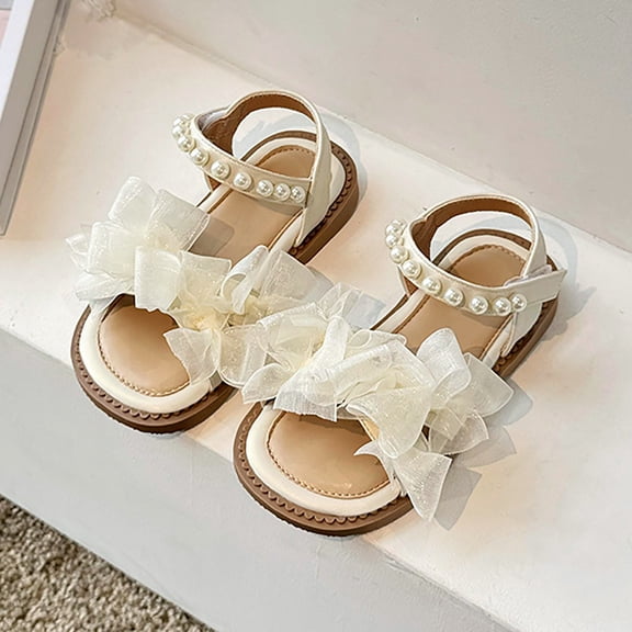 XIMIN Girls Summer Sandals Kids Open Toe Ruffle Pearl Cute Bow Soft Sole Dress Comfortable Beach Shoes Wedge Roman Low Heels Buckle Flat (3.5-4 Years, Beige)