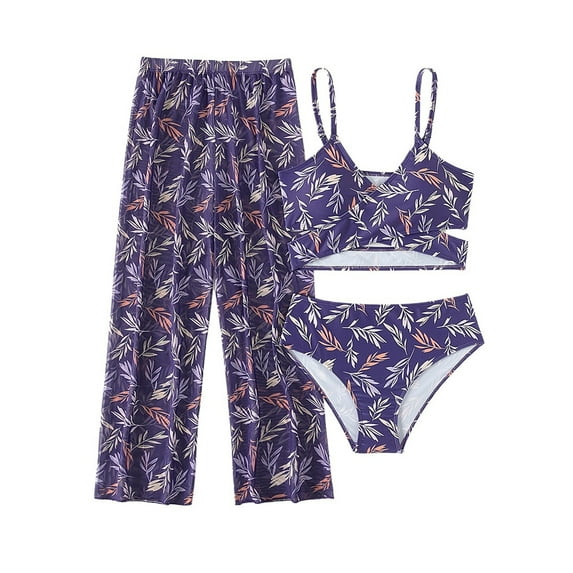 XIMIN Girls Swimsuit 3 Piece Bikini Bathing Suit Tropical Floral Swimwear with Cover Up Pants 8 11Y with Swimsuit with Coverup Pants