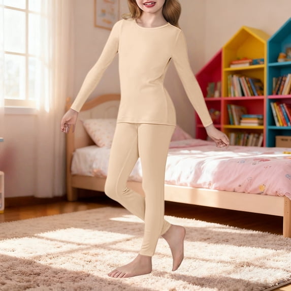 XIMIN Girls Thermal Underwear Set, Kids Fall Winter Long Sleeve Fleece Shirt and Pants, Toddler Boys and Girls Plain 2 Piece Outfit (Beige, 13-14 Years)