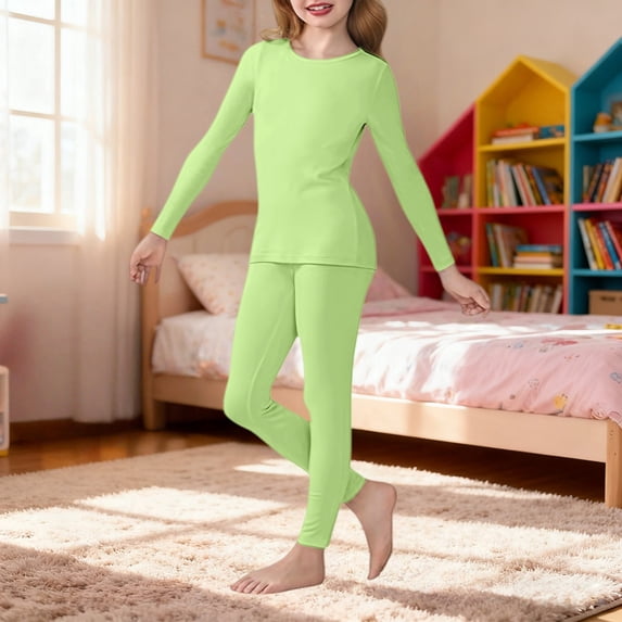 XIMIN Girls Thermal Underwear Set, Kids Fall Winter Long Sleeve Fleece Shirt and Pants, Toddler Boys and Girls Plain 2 Piece Outfit (Light Green, 18-24 Months)