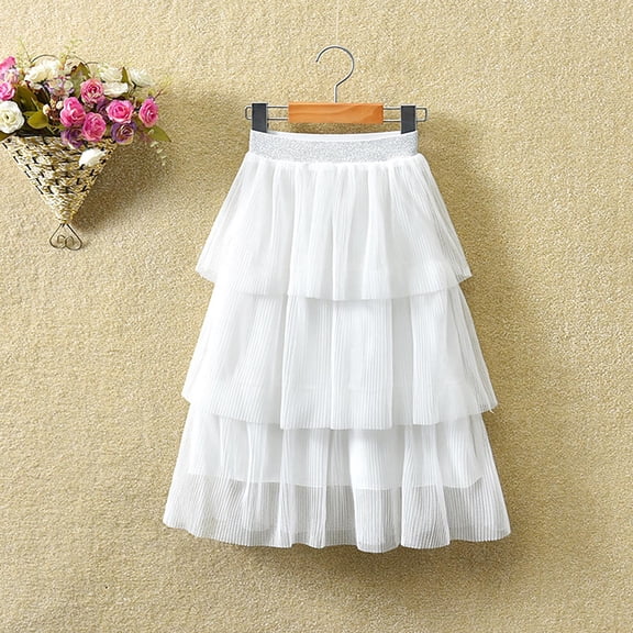 XIMIN Girls Tulle Skirt Tutu Skirts Ballet Tulle Skirt Girls Tulle Skirts Elastic High Waist Solid Color A-line Mesh Skirt Long Knee Length Tutu Skirts Dress (3-4 Years, White)