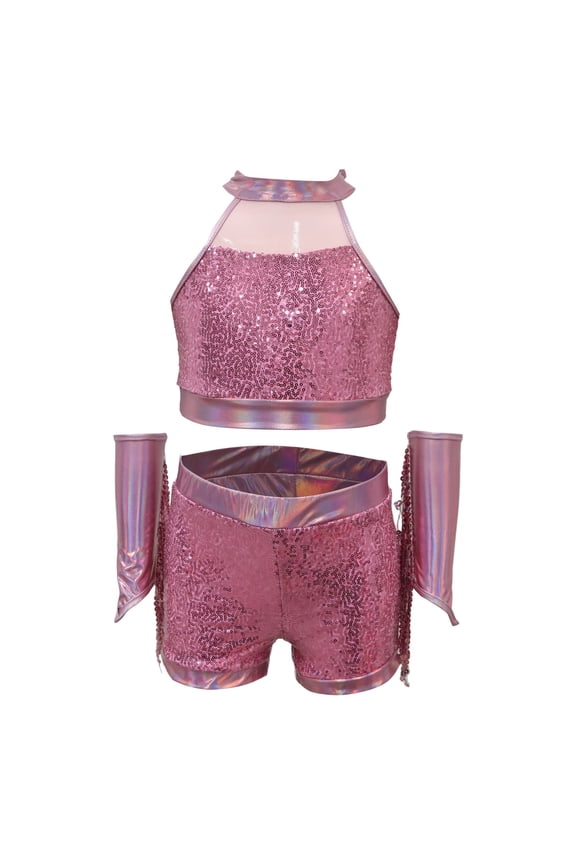 Girls Two Piece Sleeveless Dancewear Metallic Sequin Latin Dance Outfit Set with Tassel Gloves Shiny Halter Crop Top Holographic Short (3-4 Years, Pink)