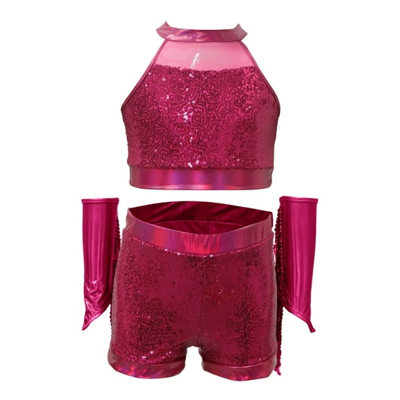 XIMIN Girls Two Piece Sleeveless Dancewear Metallic Sequin Latin Dance Outfit Set with Tassel Gloves Shiny Halter Crop Top Holographic Short (7-8 Years, Hot Pink)