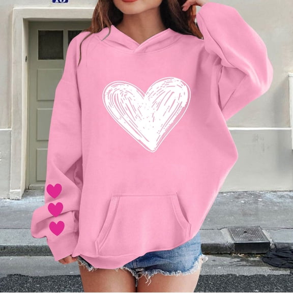 XIMIN Girls Valentine Oversized Cute Heart Print Hoodies Teen Casual Fleece Long Sleeve Sweatshirt Kids Boy Fall Winter School Trendy Clothes