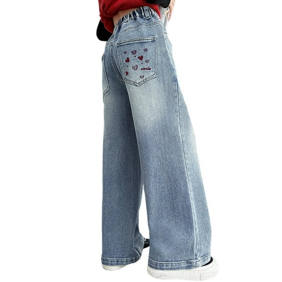 XIMIN Girls Vintage Style Baggy Wide Leg Jeans: High Waisted Y2K Denim Pants with Elastic Waist, Trendy Hip Hop Streetwear with Pocket (Blue, 13-14 Years)