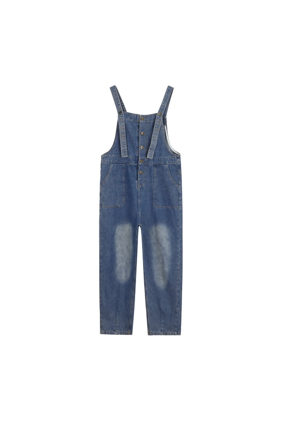 Girls' Washed Denim Overalls - Adjustable Strap Button Front Bib Overalls with Pockets & Cropped Fit (Blue, 9-10 Years)