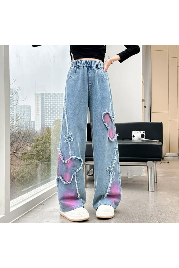 Girls Wide Leg Jeans Denim Elastic Wasit Baggy Ripped Distressed Pants Cool Ripped Jeans Washed Kids Star Heart Butterfly Pants Aesthetic Streetwear Gothic Clothing