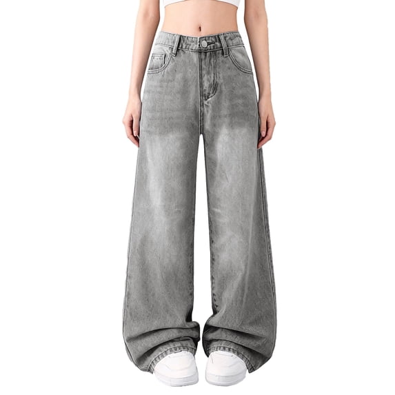 XIMIN Girls Wide Leg Jeans Retro Washed Casual Zipper Fly Button Elastic Waist Baggy Denim Pantss Streetwear with Pocket (Grey, 15-16 Years)