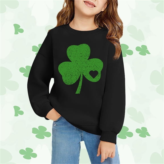 XIMIN Heart-Inlaid Four-Leaf Clover Kids' Crewneck Long Sleeve Sweatshirt - Distressed Green Graphic, Soft St. Patrick's Day Lucky Charm Top