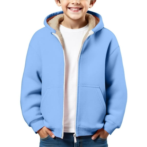 XIMIN Hoodies for Boys Thick Fleece Thermal Sweatshirt - Full Zip Up Coats Solid Color Thick Sherpa Lined Hooded Trendy Clothing Kids Winter Jacket