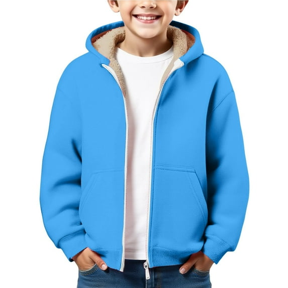 XIMIN Hoodies for Boys Thick Fleece Thermal Sweatshirt - Full Zip Up Coats Solid Color Thick Sherpa Lined Hooded Trendy Clothing Kids Winter Jacket