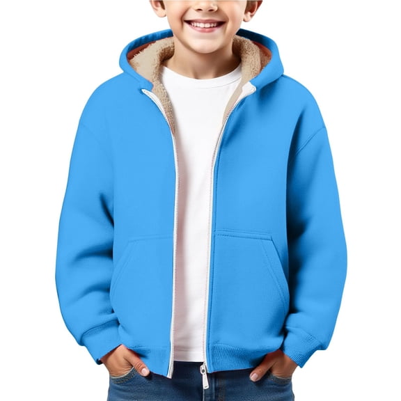 XIMIN Hoodies for Boys Thick Fleece Thermal Sweatshirt - Full Zip Up Coats Solid Color Thick Sherpa Lined Hooded Trendy Clothing Kids Winter Jacket