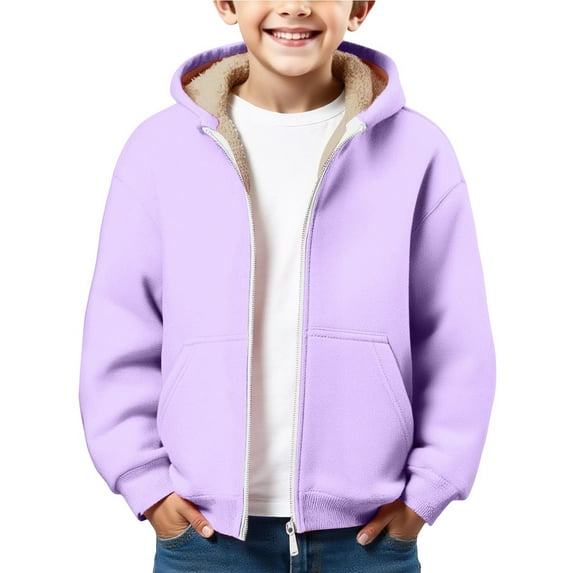 XIMIN Hoodies for Boys Thick Fleece Thermal Sweatshirt - Full Zip Up Coats Solid Color Thick Sherpa Lined Hooded Trendy Clothing Kids Winter Jacket