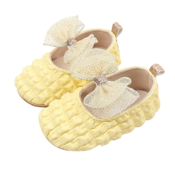 XIMIN Infant Baby Girl Mary Jane Dress Flats Shoes Newborn Non-Slip Soft Sole First Walking Lightweight Sparkly Design Wedding Baptism Princess Shoes (0-3 Months, Yellow)