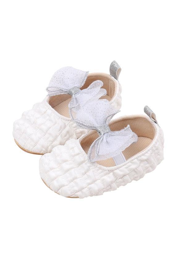 Infant Baby Girl Mary Jane Dress Flats Shoes Newborn Non-Slip Soft Sole First Walking Lightweight Sparkly Design Wedding Baptism Princess Shoes (0-3 Months, White)