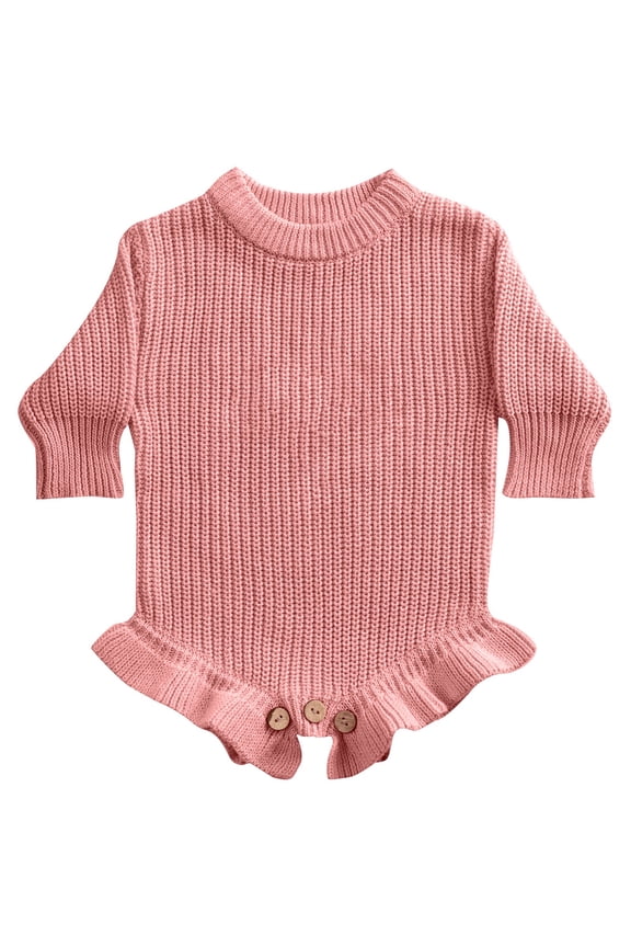 Infant Baby Girls Ruffled Knit Romper Crewneck Long Sleeve Thick Basic Plain Cute Sweater Bodysuit Fall Winter Warm Pullover Jumpsuit