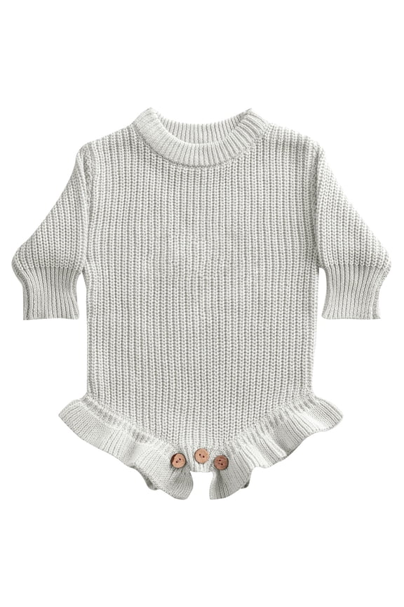Infant Baby Girls Ruffled Knit Romper Crewneck Long Sleeve Thick Basic Plain Cute Sweater Bodysuit Fall Winter Warm Pullover Jumpsuit