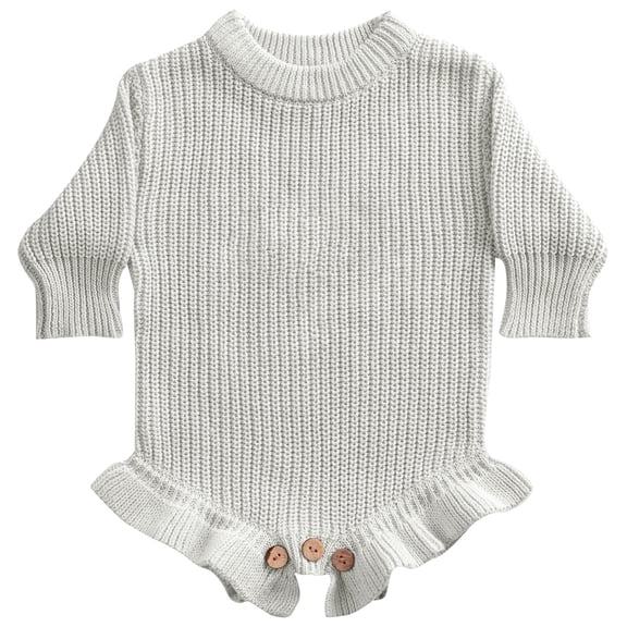 XIMIN Infant Baby Girls Ruffled Knit Romper Crewneck Long Sleeve Thick Basic Plain Cute Sweater Bodysuit Fall Winter Warm Pullover Jumpsuit