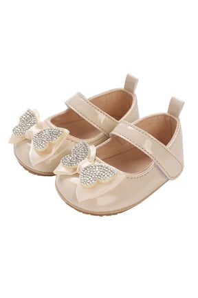 Infant Toddler Baby Girl Dress Shoes Mary Jane First Walking PU Leather Princess Wedding Rubber Sole Non-Slip Ballet with Bowknot Floral Flats Baptism Shoes (6-12 Months, Beige)
