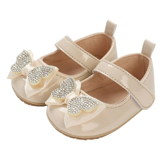 XIMIN Infant Toddler Baby Girl Dress Shoes Mary Jane First Walking PU Leather Princess Wedding Rubber Sole Non-Slip Ballet with Bowknot Floral Flats Baptism Shoes (6-12 Months, Beige)