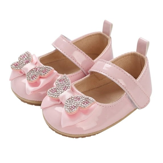 XIMIN Infant Toddler Baby Girl Dress Shoes Mary Jane First Walking PU Leather Princess Wedding Rubber Sole Non-Slip Ballet with Bowknot Floral Flats Baptism Shoes (3-6 Months, Pink)