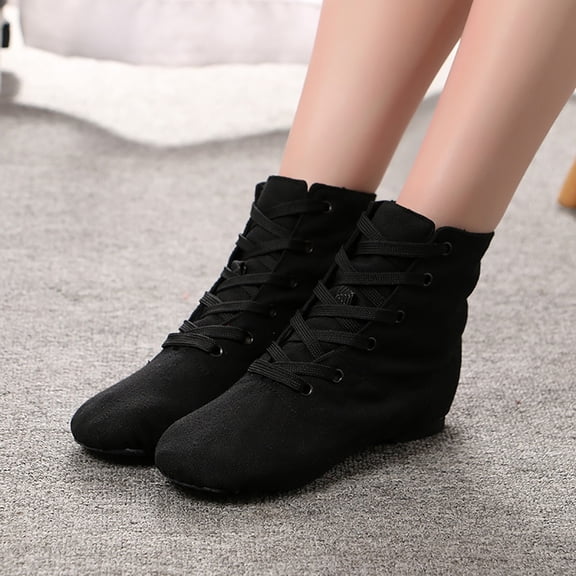 XIMIN Jazz Shoes for Woman Canvas Dance Boots Character Shoes Lace Up Black Jazz Shoes Split Sole Ballroom Dancing Flat Ankle Boots (10-10.5 Years, Black)