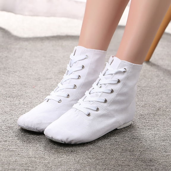 XIMIN Jazz Shoes for Woman Canvas Dance Boots Character Shoes Lace Up Black Jazz Shoes Split Sole Ballroom Dancing Flat Ankle Boots (9-9.5 Years, White)