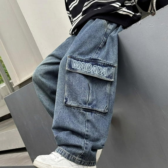 XIMIN Kid Boys Baggy Jeans Y2k Skater Vintage Straight Leg Plain Pants with Multiple Pockets Casual Wide Leg Loose Fit Elastic Waist Cargo Denim Jeans