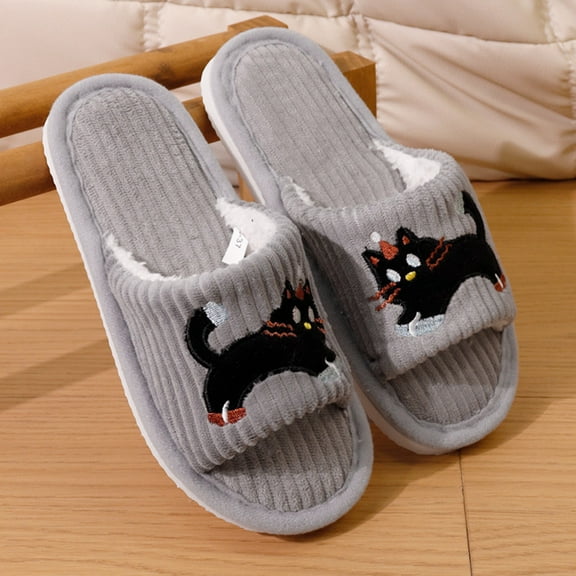 XIMIN Kid Boys Girls Halloween Slippers Soft Sole Cute Spooky Slippers Black Cat Embroidery Open Toe Cozy Plush Shoes Slip On Footwear Indoor House Shoes