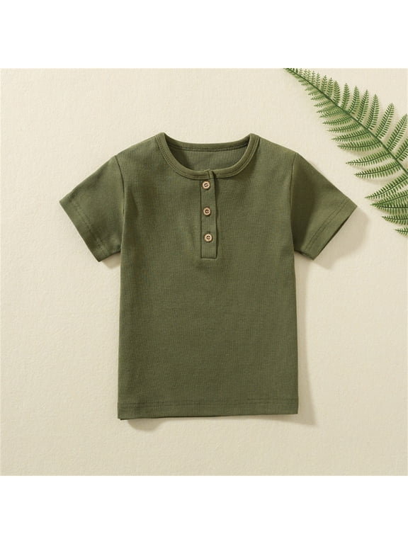 Kid Boys Girls Linen Cotton Dress Shirts Solid Color Button Up Henley Ribbed Shirt with One Pocket Short Sleeve Lightweight Summer Tees Tops Fall Clothes