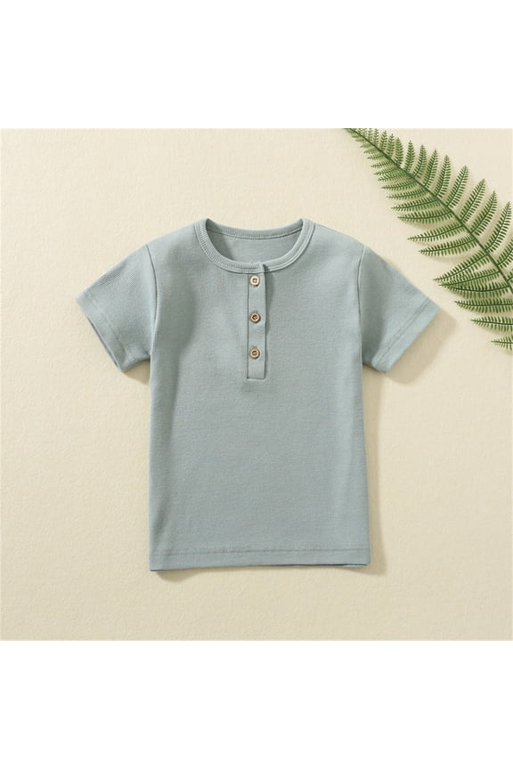 Kid Boys Girls Linen Cotton Dress Shirts Solid Color Button Up Henley Ribbed Shirt with One Pocket Short Sleeve Lightweight Summer Tees Tops Fall Clothes