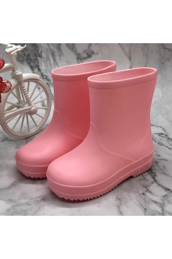 Kid Girl's Thickened Sole Solid Color Anti-Slip Wading Boots Ankle Rain Boots Waterproof PVC Garden Boots Four-Season Fleece-Lined Water Shoes
