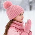 thumbnail image 1 of XIMIN Kid Girls 3 Piece Outfits Warm Winter Beanie Hat Fluffy Lined Knitted Neck Warmer Scarf Neck Gaiter Soft Cuffed Cap Gloves with Pom Pom for Cold Weather, 1 of 7