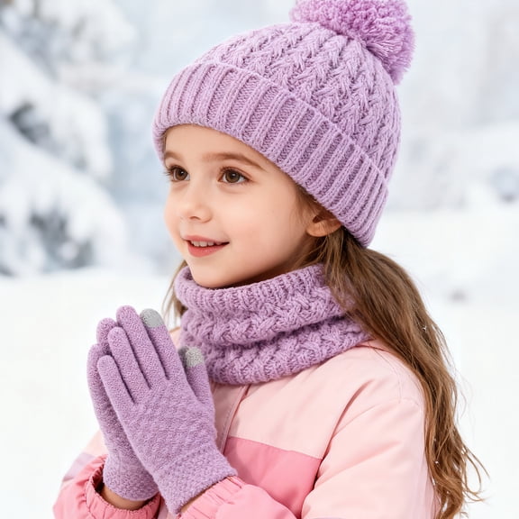 XIMIN Kid Girls 3 Piece Outfits Warm Winter Beanie Hat Fluffy Lined Knitted Neck Warmer Scarf Neck Gaiter Soft Cuffed Cap Gloves with Pom Pom for Cold Weather