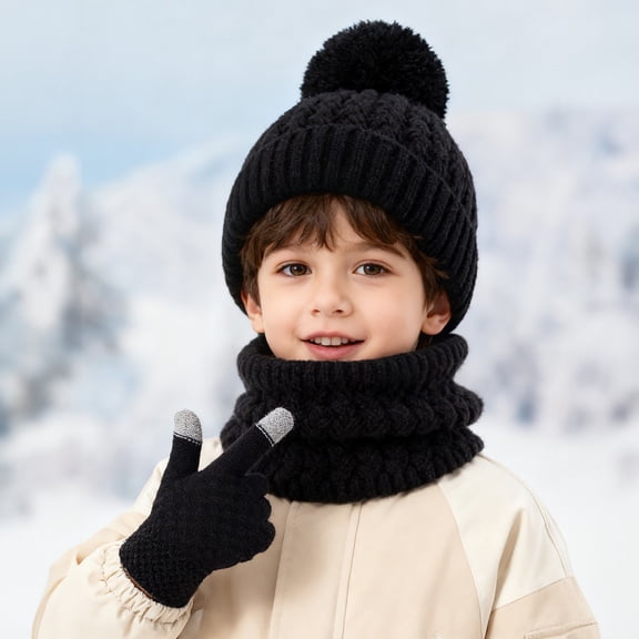 XIMIN Kid Girls 3 Piece Outfits Warm Winter Beanie Hat Fluffy Lined Knitted Neck Warmer Scarf Neck Gaiter Soft Cuffed Cap Gloves with Pom Pom for Cold Weather