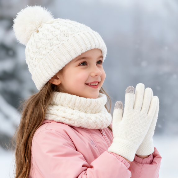 XIMIN Kid Girls 3 Piece Outfits Warm Winter Beanie Hat Fluffy Lined Knitted Neck Warmer Scarf Neck Gaiter Soft Cuffed Cap Gloves with Pom Pom for Cold Weather